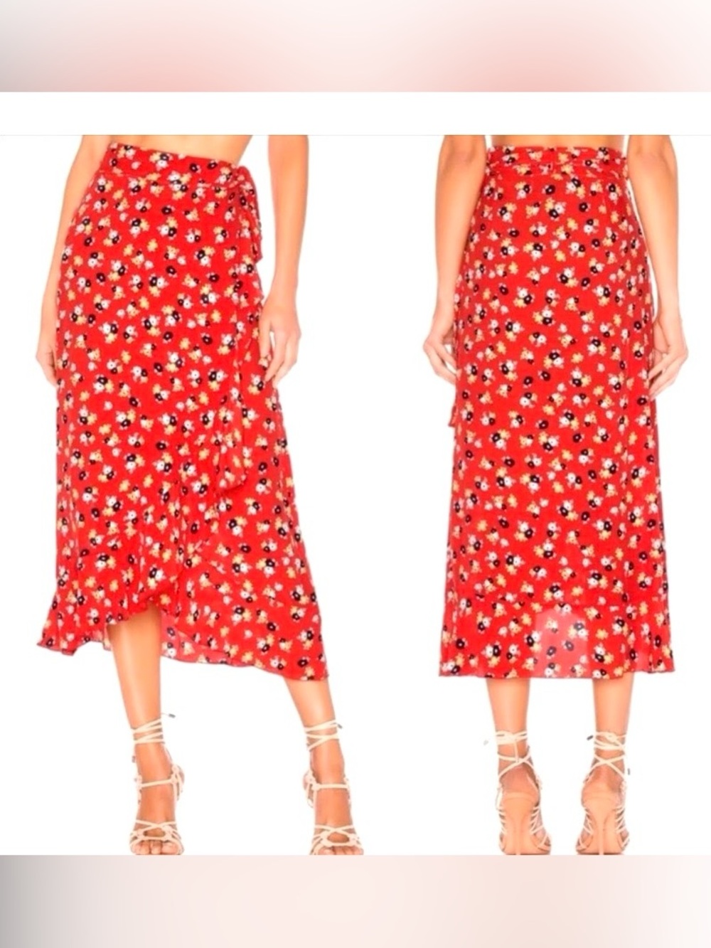 Anthropologie Faithfull the Brand Red Floral Midi Wrap Skirt with Ruffle Hem